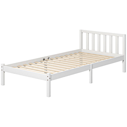 Bed Frame Wooden Bed with Slats, 208 x 96 cm Bed Frame with Headboard, Single Bed Frame for Bedroom, White