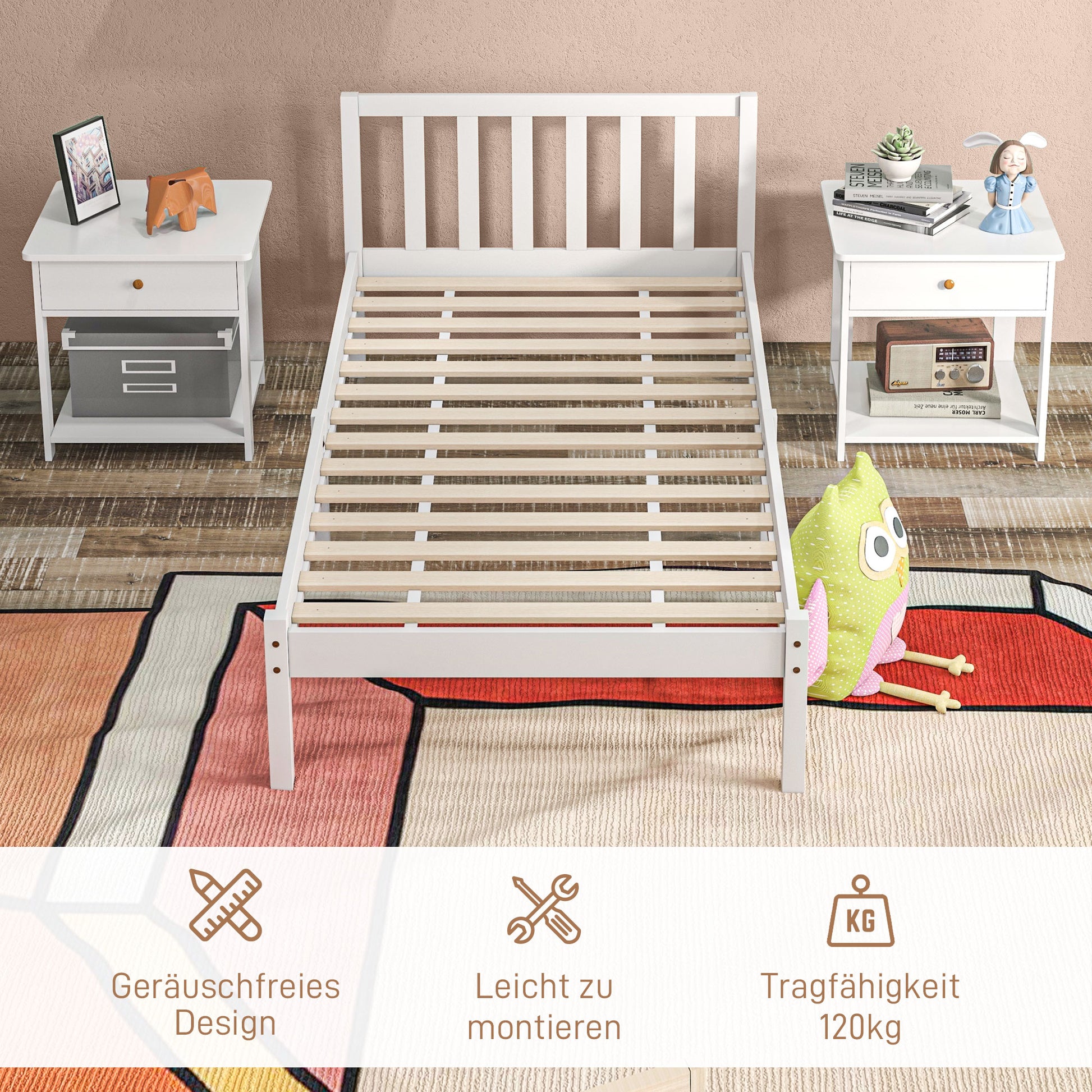 Bed Frame Wooden Bed with Slats, 208 x 96 cm Bed Frame with Headboard, Single Bed Frame for Bedroom, White