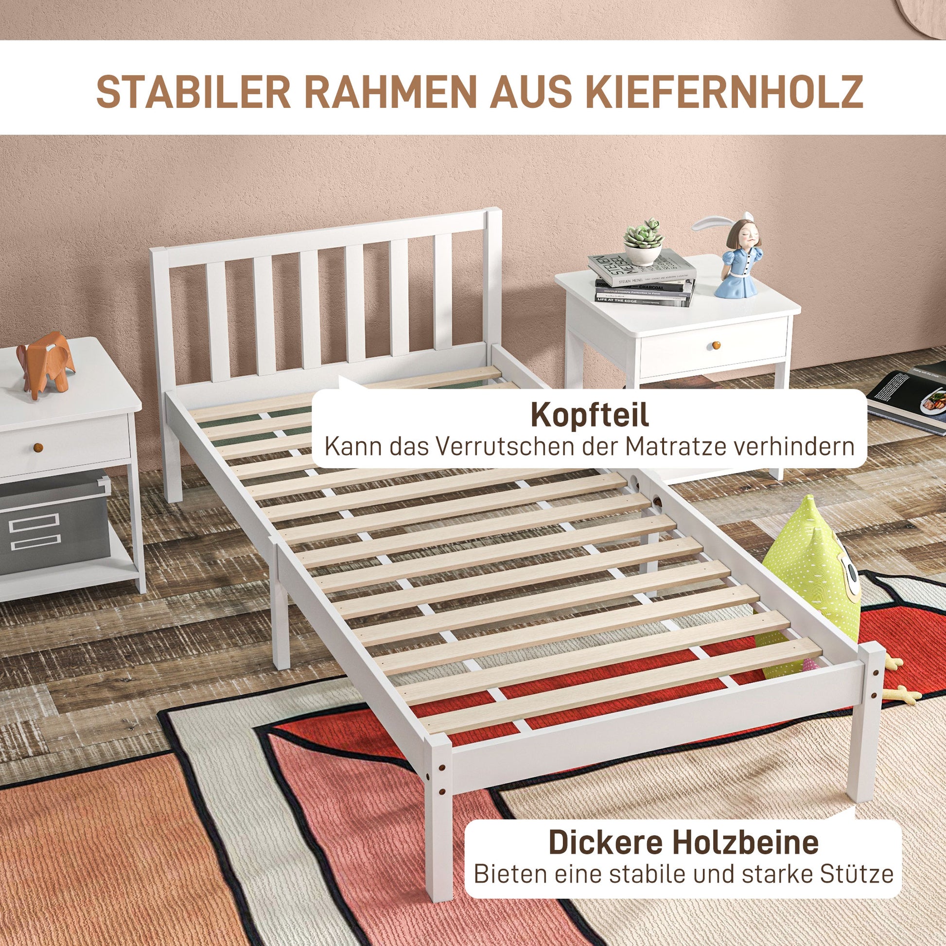 Bed Frame Wooden Bed with Slats, 208 x 96 cm Bed Frame with Headboard, Single Bed Frame for Bedroom, White