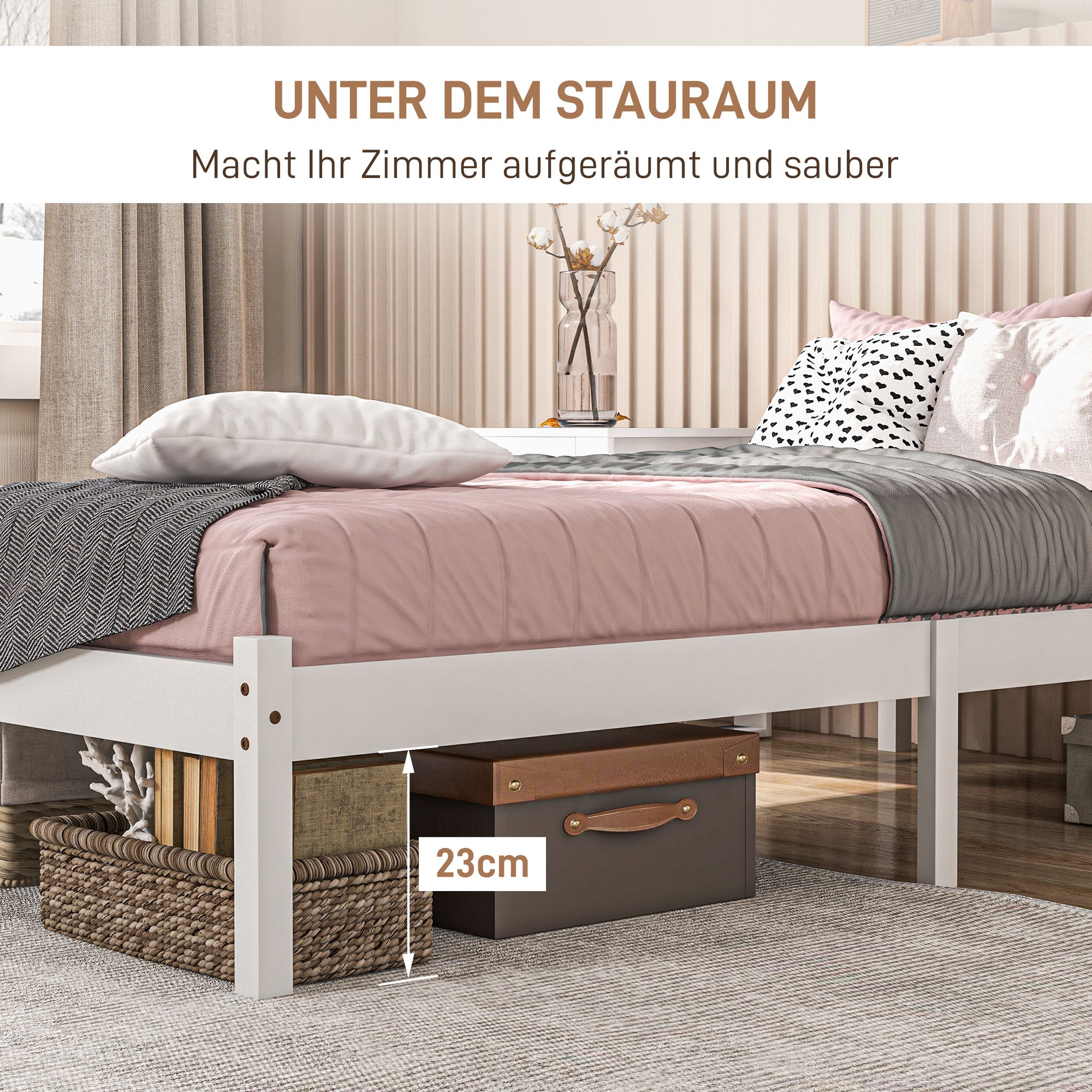 Bed Frame Wooden Bed with Slats, 208 x 96 cm Bed Frame with Headboard, Single Bed Frame for Bedroom, White