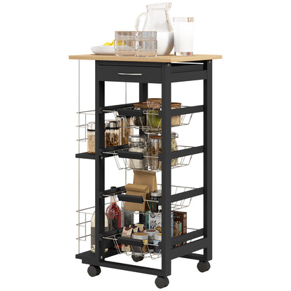 Kitchen Trolley with Wheels Multi-Purpose Cart with Drawer 4 Removable Metal Baskets and Side Racks 47x37x83 cm Black and Natural Wood