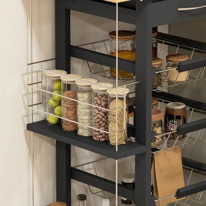 Kitchen Trolley with Wheels Multi-Purpose Cart with Drawer 4 Removable Metal Baskets and Side Racks 47x37x83 cm Black and Natural Wood