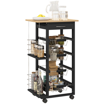 Kitchen Trolley with Wheels Multi-Purpose Cart with Drawer 4 Removable Metal Baskets and Side Racks 47x37x83 cm Black and Natural Wood