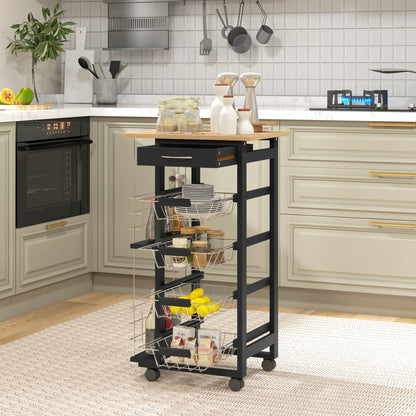 Kitchen Trolley with Wheels Multi-Purpose Cart with Drawer 4 Removable Metal Baskets and Side Racks 47x37x83 cm Black and Natural Wood