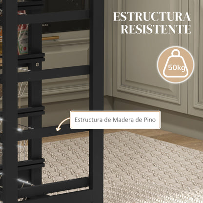 Kitchen Trolley with Wheels Multi-Purpose Cart with Drawer 4 Removable Metal Baskets and Side Racks 47x37x83 cm Black and Natural Wood