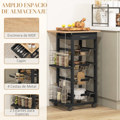 Kitchen Trolley with Wheels Multi-Purpose Cart with Drawer 4 Removable Metal Baskets and Side Racks 47x37x83 cm Black and Natural Wood
