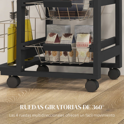 Kitchen Trolley with Wheels Multi-Purpose Cart with Drawer 4 Removable Metal Baskets and Side Racks 47x37x83 cm Black and Natural Wood