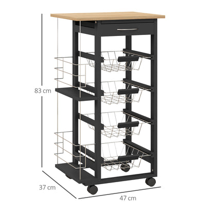 Kitchen Trolley with Wheels Multi-Purpose Cart with Drawer 4 Removable Metal Baskets and Side Racks 47x37x83 cm Black and Natural Wood