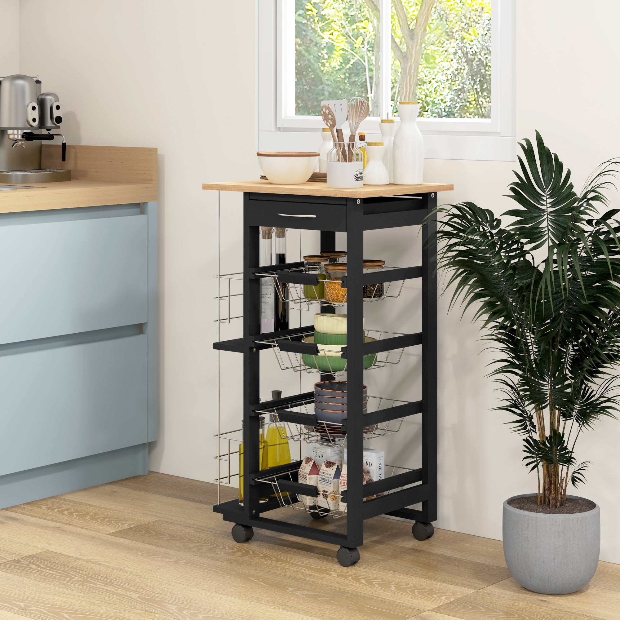 Kitchen Trolley with Wheels Multi-Purpose Cart with Drawer 4 Removable Metal Baskets and Side Racks 47x37x83 cm Black and Natural Wood