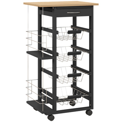 Kitchen Trolley with Wheels Multi-Purpose Cart with Drawer 4 Removable Metal Baskets and Side Racks 47x37x83 cm Black and Natural Wood