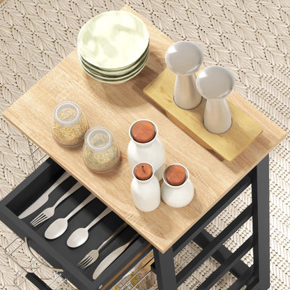 Kitchen Trolley with Wheels Multi-Purpose Cart with Drawer 4 Removable Metal Baskets and Side Racks 47x37x83 cm Black and Natural Wood