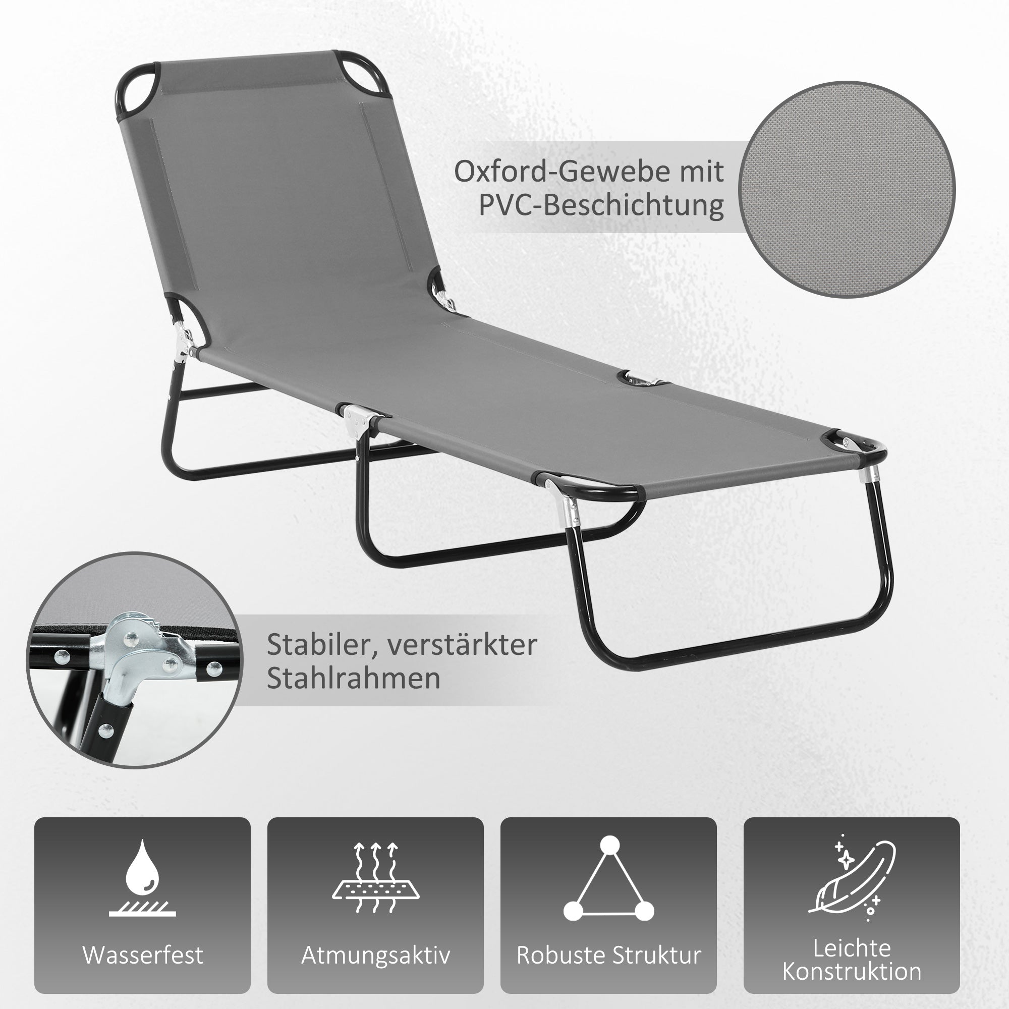 Folding Sun Lounger Portable Sunbed with 5-Position Adjustable Backrest, Weather-Resistant Recliner Chair for Camping Garden Beach Pool, Supports 120 kg, for Outdoor Holidays in Gray