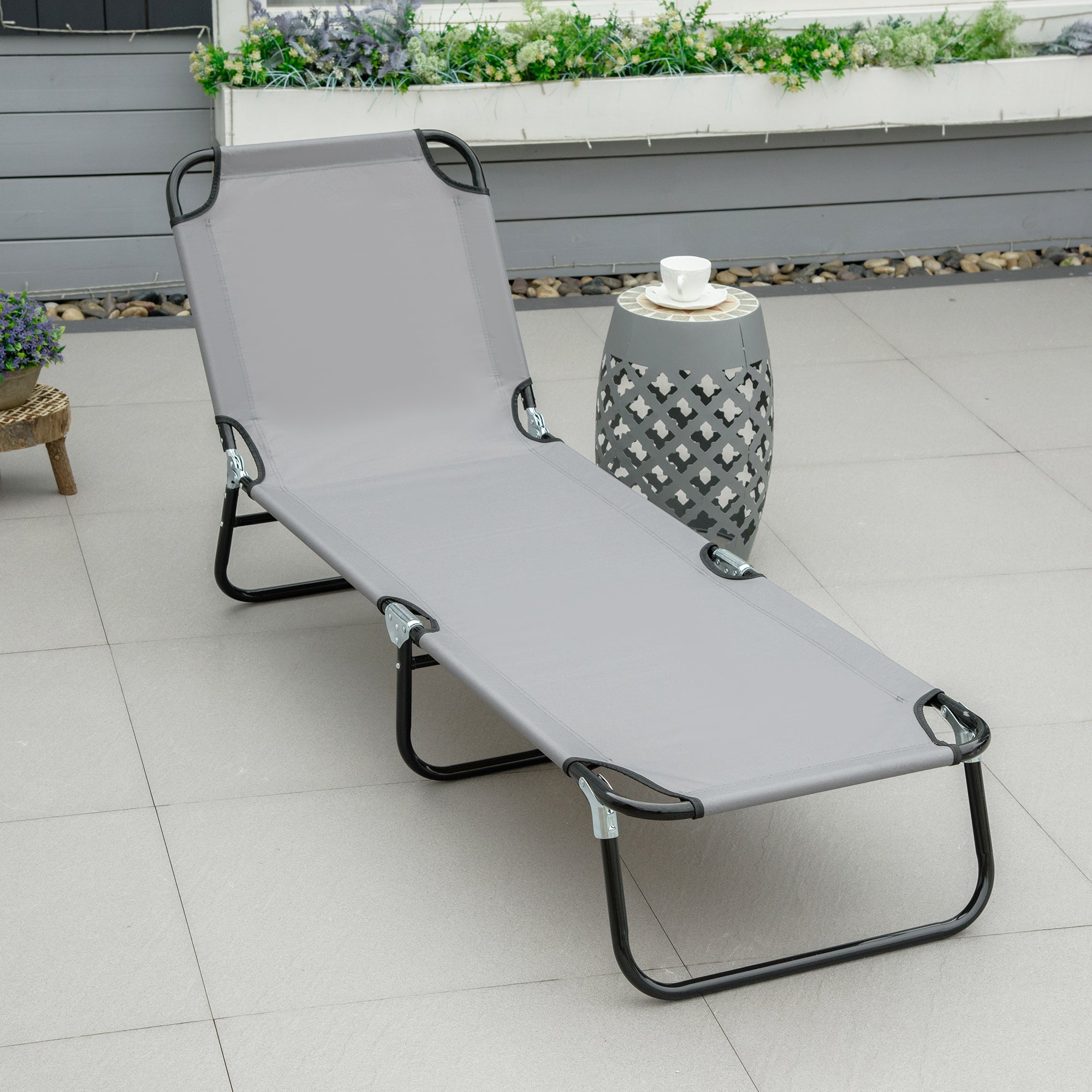 Folding Sun Lounger Portable Sunbed with 5-Position Adjustable Backrest, Weather-Resistant Recliner Chair for Camping Garden Beach Pool, Supports 120 kg, for Outdoor Holidays in Gray