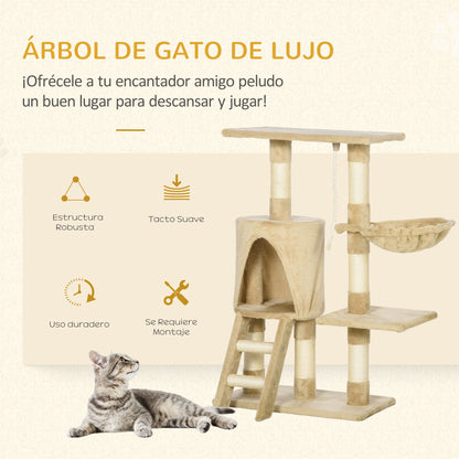 Cat Scratching Tree 55x30x95 cm with Nest Platform House Ladder Play Rope Particleboard and Covered in Plush Brown