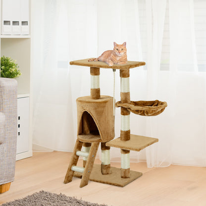 Cat Scratching Tree 55x30x95 cm with Nest Platform House Ladder Play Rope Particleboard and Covered in Plush Brown