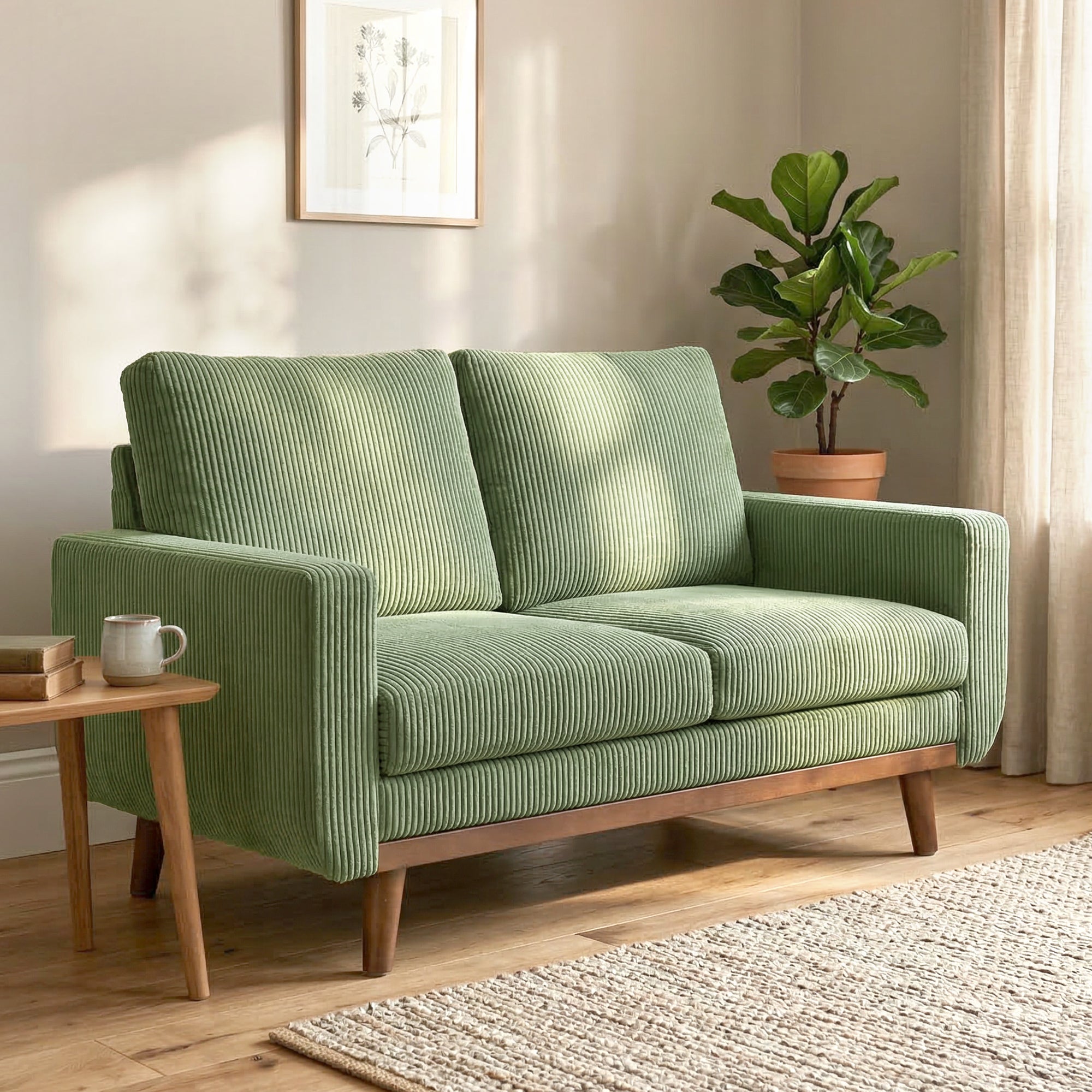 2-Seater Cord Sofa 134 cm (53") – Plush Backrest, Wood-Slat Accent, Comfortable Modern Upholstered Couch for Small Spaces, Living Room, Bedroom, Easy Assembly, Green