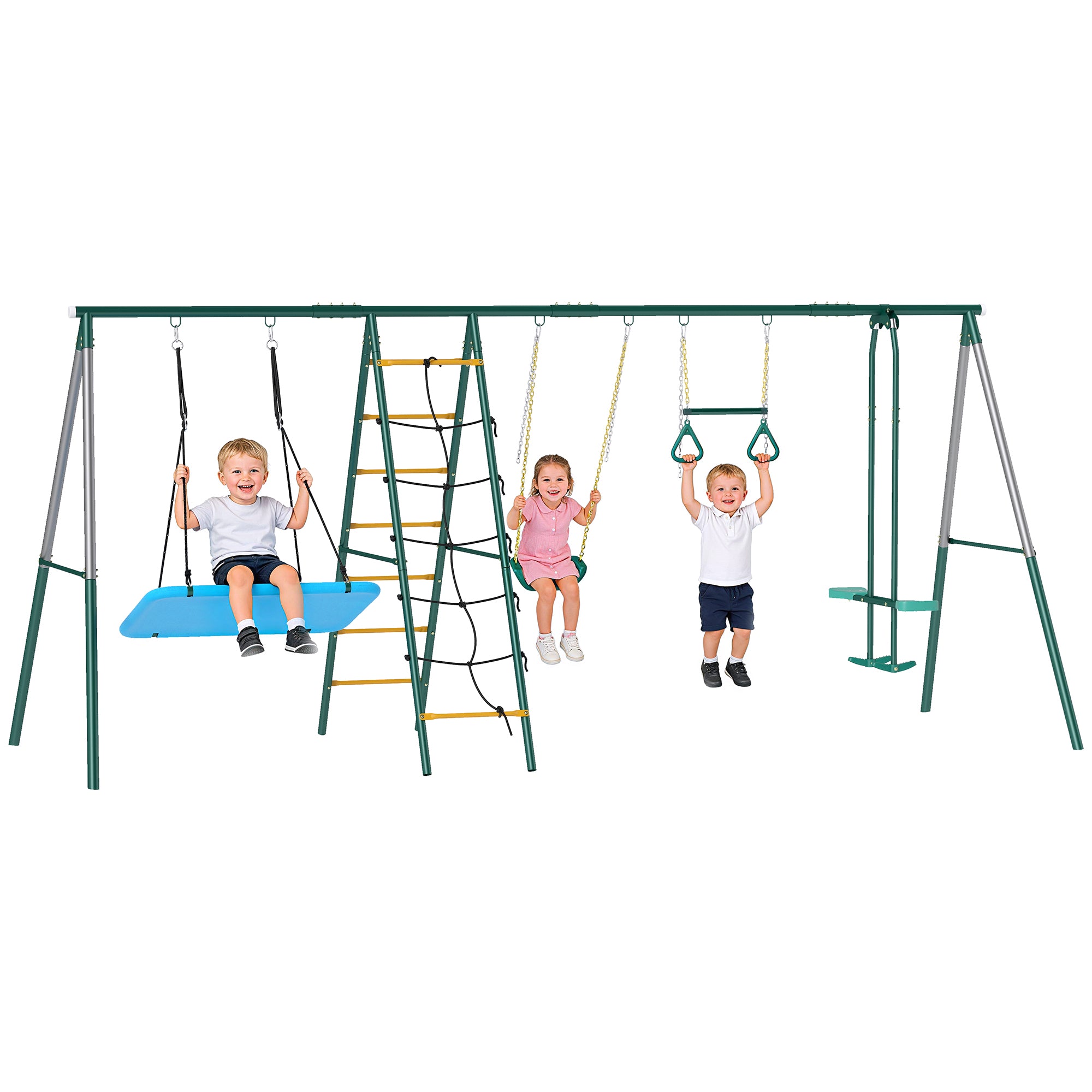 5-in-1 Kids Swing Set — Steel A-Frame (up to 771 lb) with Adjustable Nest Swing, Gym Rings, Double Seat & Climbing Frame, for Ages 3–8 — 440 x 175 x 203 cm (14'5" x 5'9" x 6'8")
