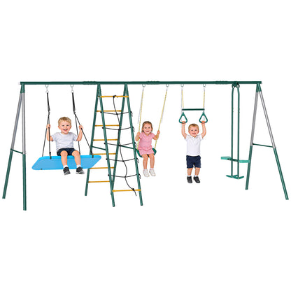 5-in-1 Kids Swing Set — Steel A-Frame (up to 771 lb) with Adjustable Nest Swing, Gym Rings, Double Seat & Climbing Frame, for Ages 3–8 — 440 x 175 x 203 cm (14'5" x 5'9" x 6'8")