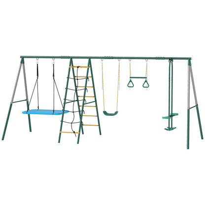 5-in-1 Kids Swing Set — Steel A-Frame (up to 771 lb) with Adjustable Nest Swing, Gym Rings, Double Seat & Climbing Frame, for Ages 3–8 — 440 x 175 x 203 cm (14'5" x 5'9" x 6'8")