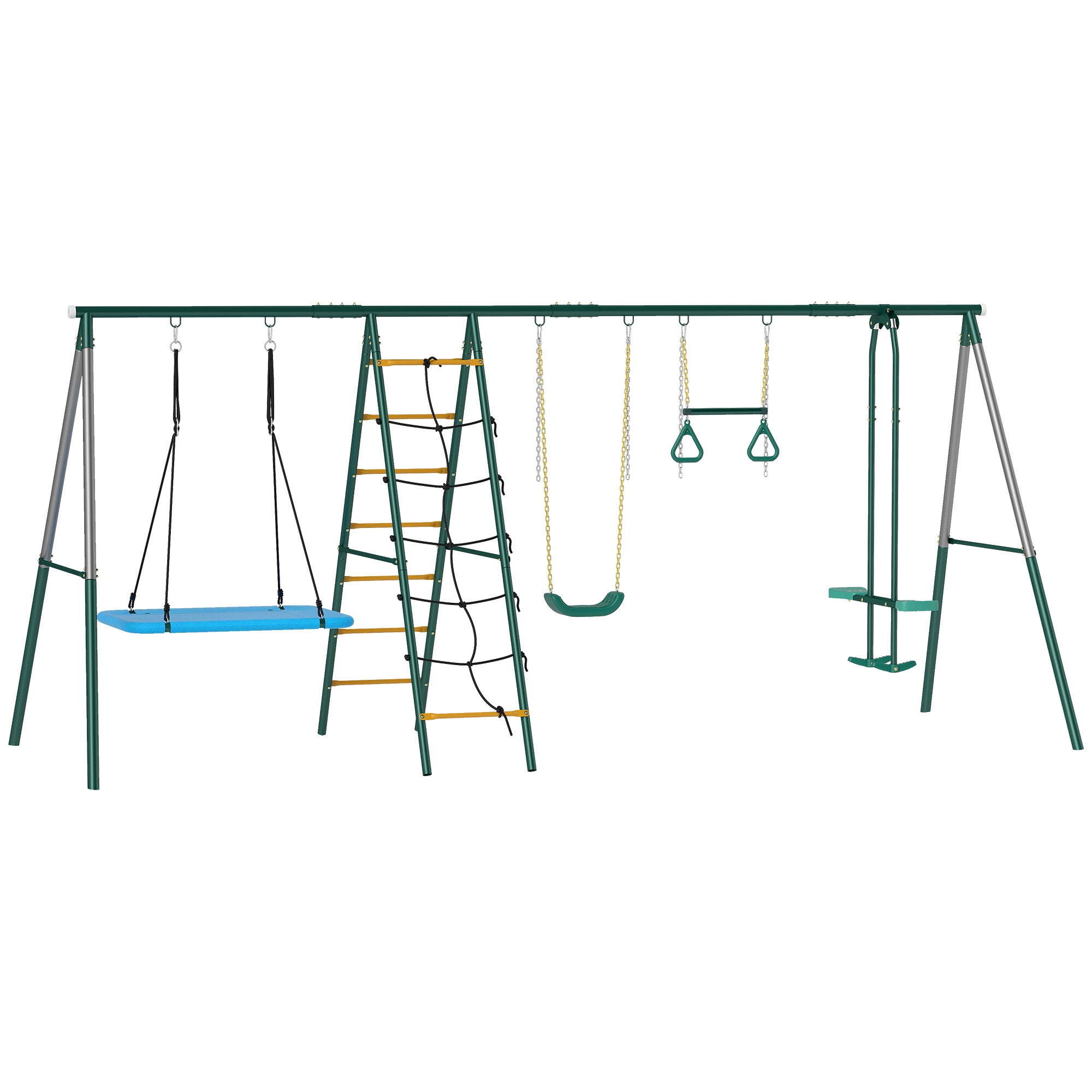 5-in-1 Kids Swing Set — Steel A-Frame (up to 771 lb) with Adjustable Nest Swing, Gym Rings, Double Seat & Climbing Frame, for Ages 3–8 — 440 x 175 x 203 cm (14'5" x 5'9" x 6'8")