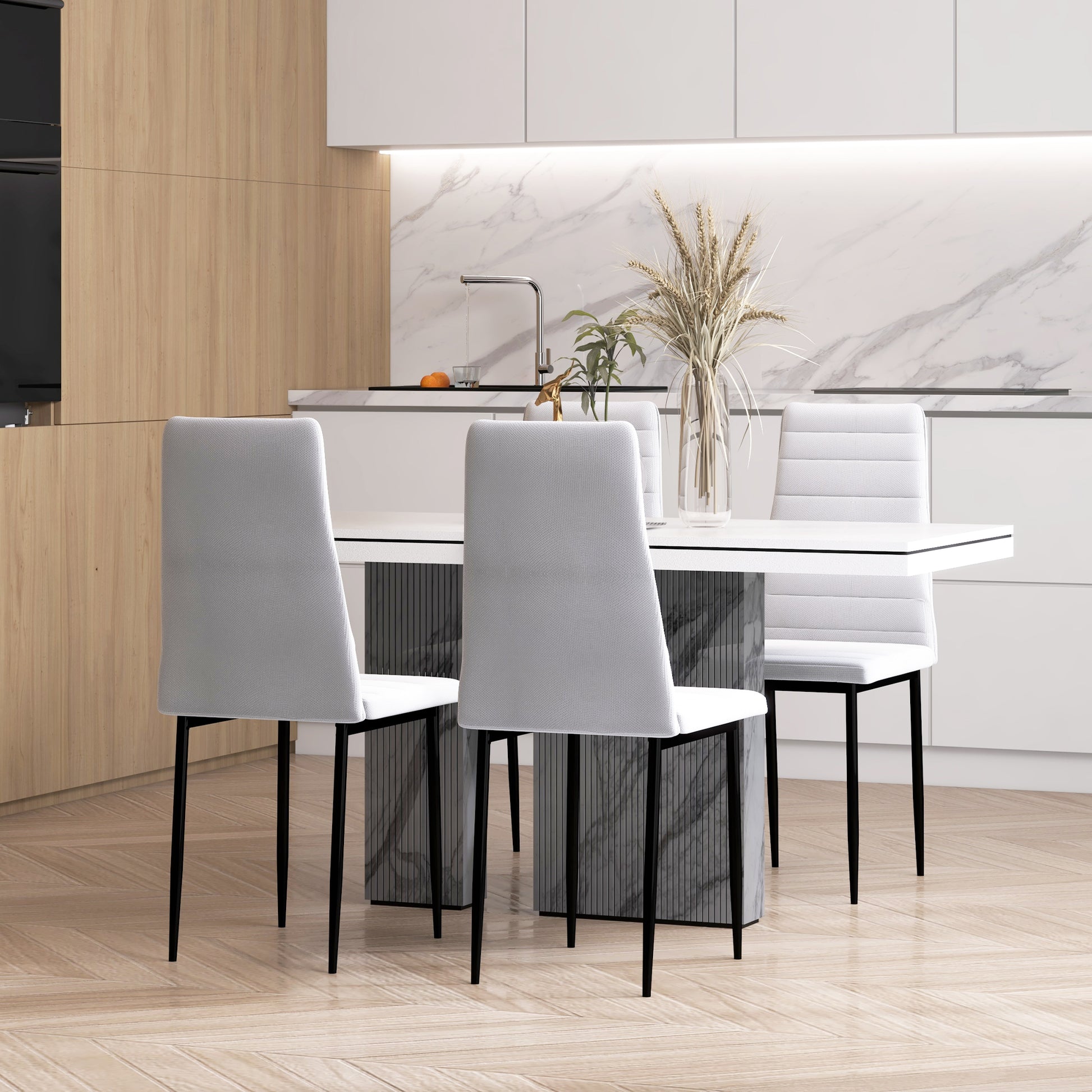 Set of 4 Linen Upholstered Dining Chairs Modern Kitchen Chairs with High Back and Metal Legs 120 kg Load-Bearing Capacity for Living Room 41x50x97 cm White
