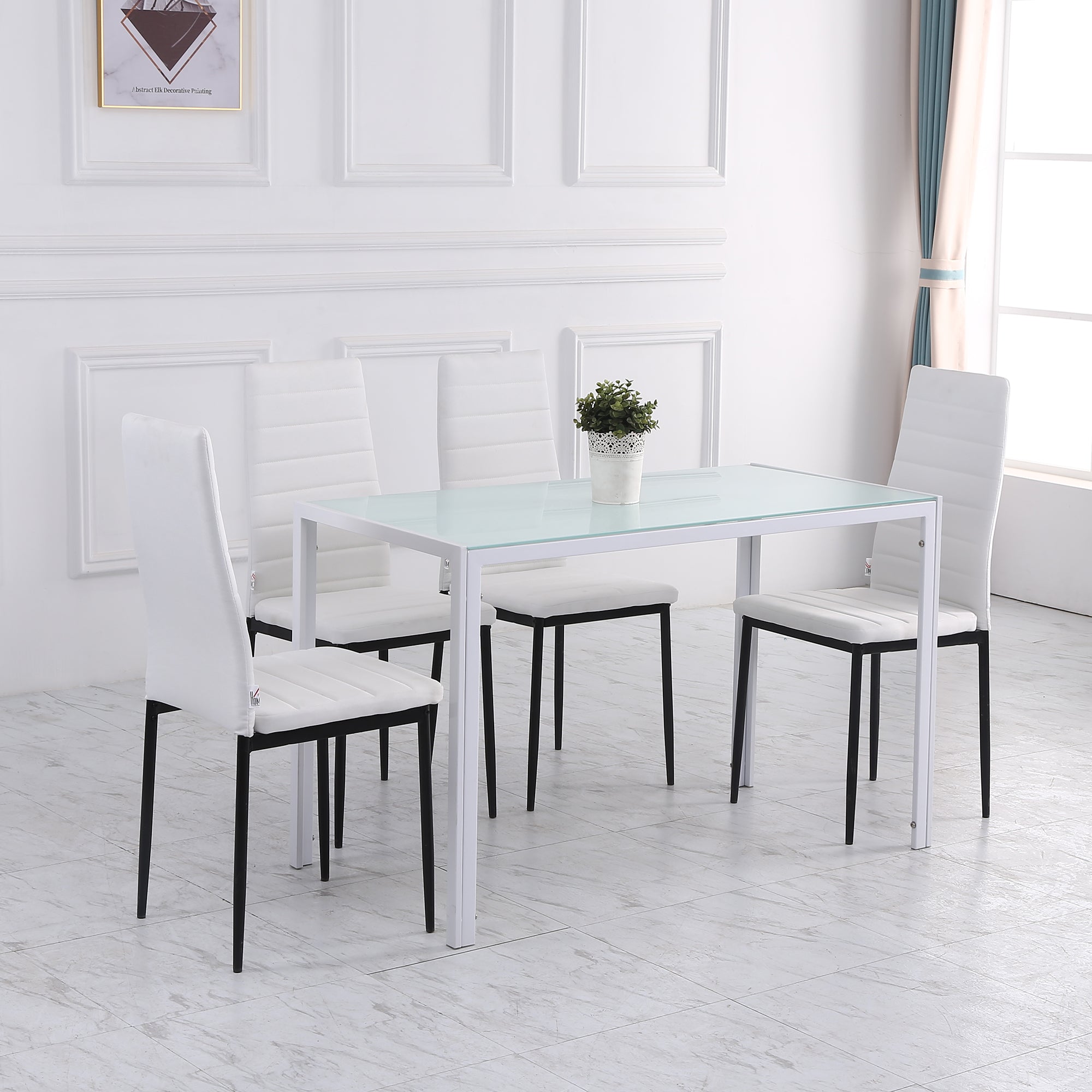 Set of 4 Linen Upholstered Dining Chairs Modern Kitchen Chairs with High Back and Metal Legs 120 kg Load-Bearing Capacity for Living Room 41x50x97 cm White