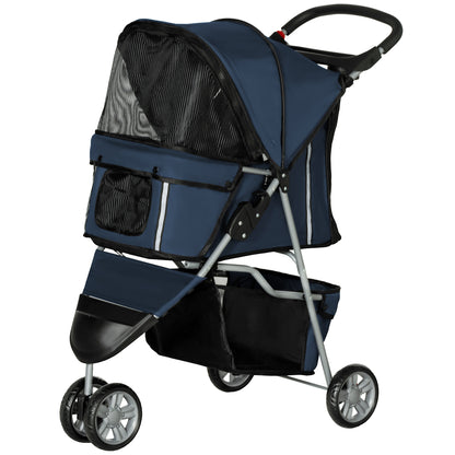 Folding Dog Stroller Pet Stroller with Storage Basket Mesh Windows and 2 Universal Wheels Load 15 kg 75x45x97 cm Navy Blue
