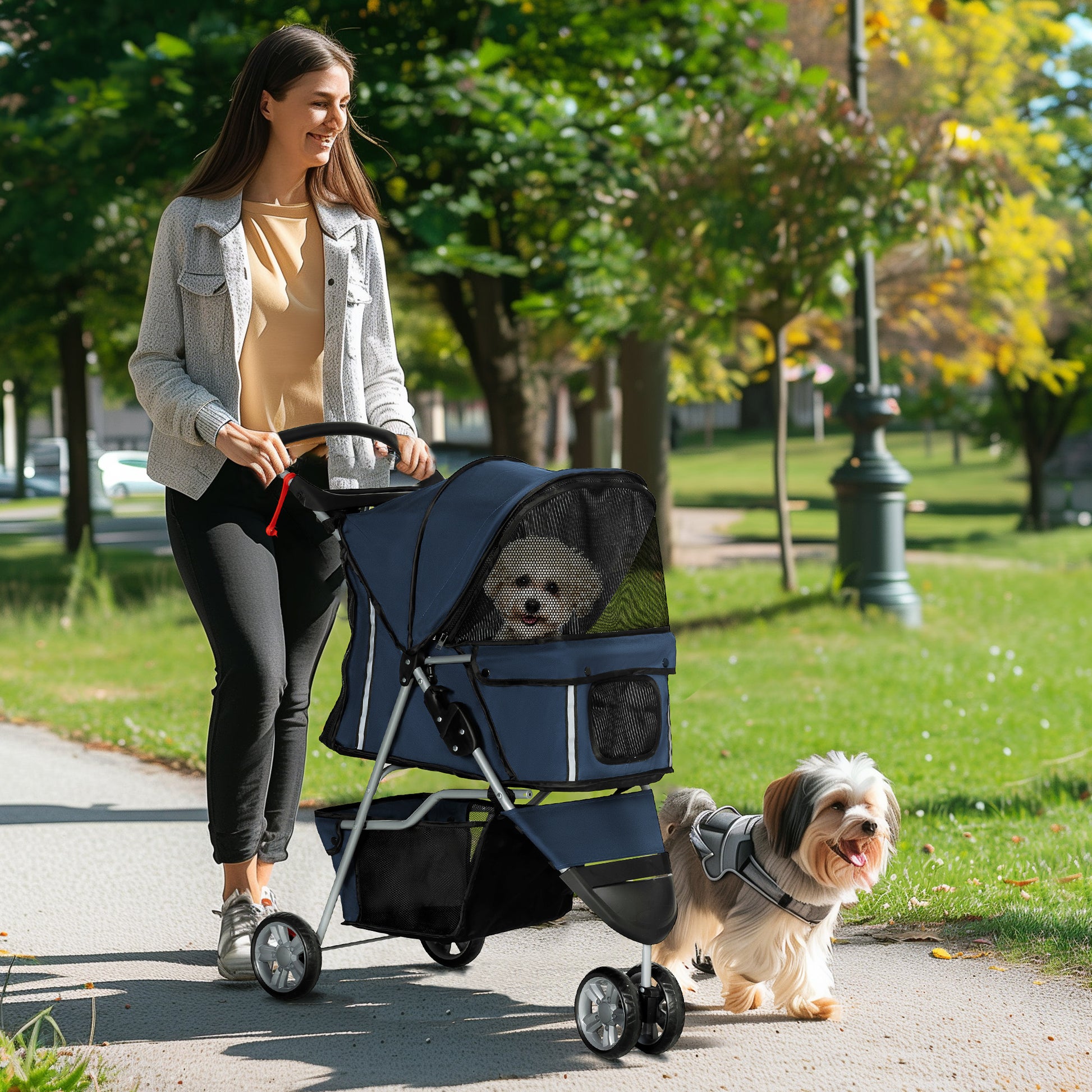 Folding Dog Stroller Pet Stroller with Storage Basket Mesh Windows and 2 Universal Wheels Load 15 kg 75x45x97 cm Navy Blue