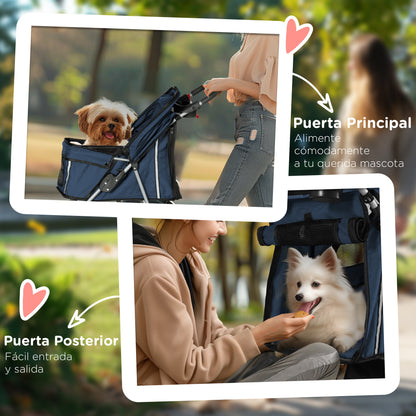 Folding Dog Stroller Pet Stroller with Storage Basket Mesh Windows and 2 Universal Wheels Load 15 kg 75x45x97 cm Navy Blue