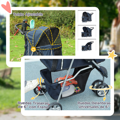 Folding Dog Stroller Pet Stroller with Storage Basket Mesh Windows and 2 Universal Wheels Load 15 kg 75x45x97 cm Navy Blue