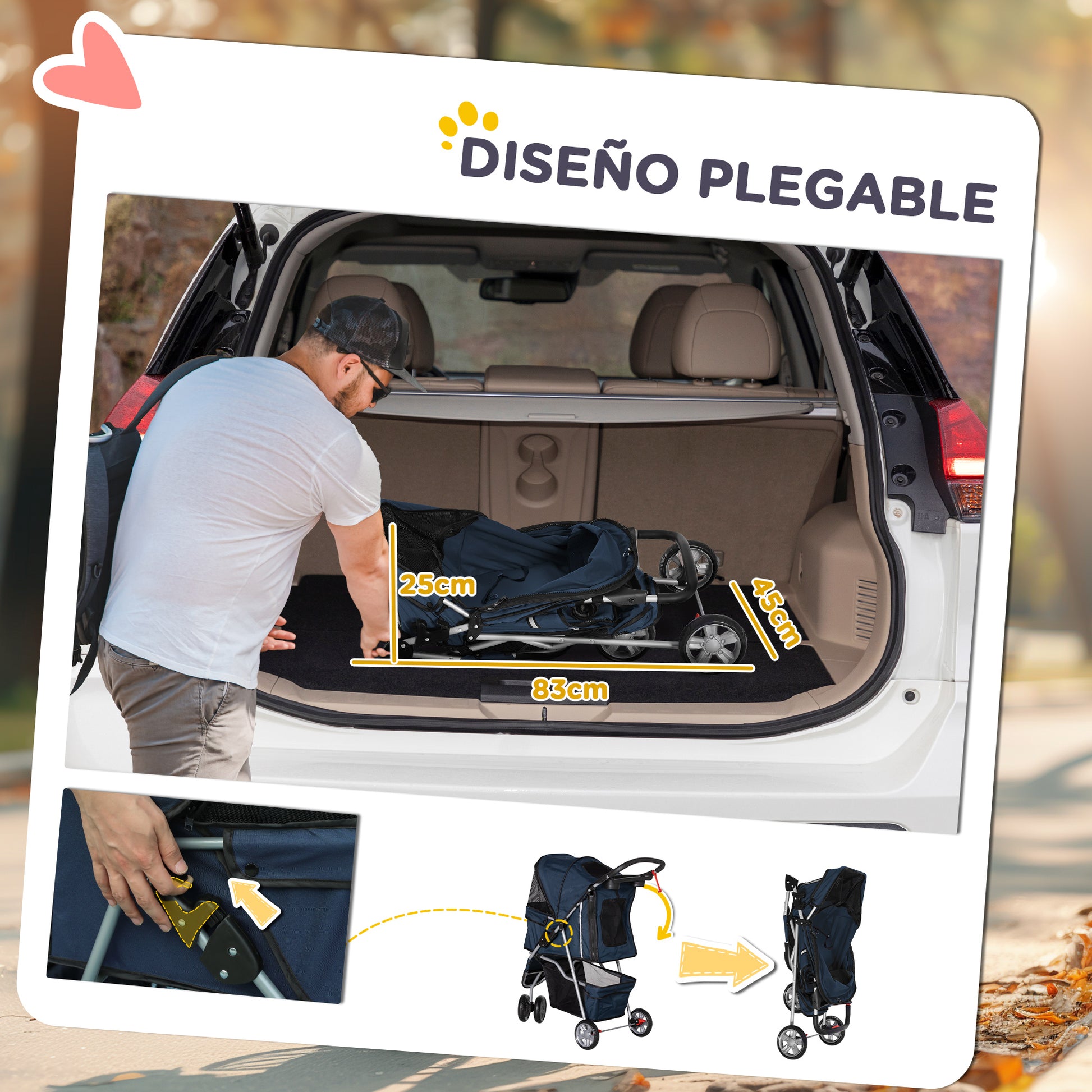 Folding Dog Stroller Pet Stroller with Storage Basket Mesh Windows and 2 Universal Wheels Load 15 kg 75x45x97 cm Navy Blue