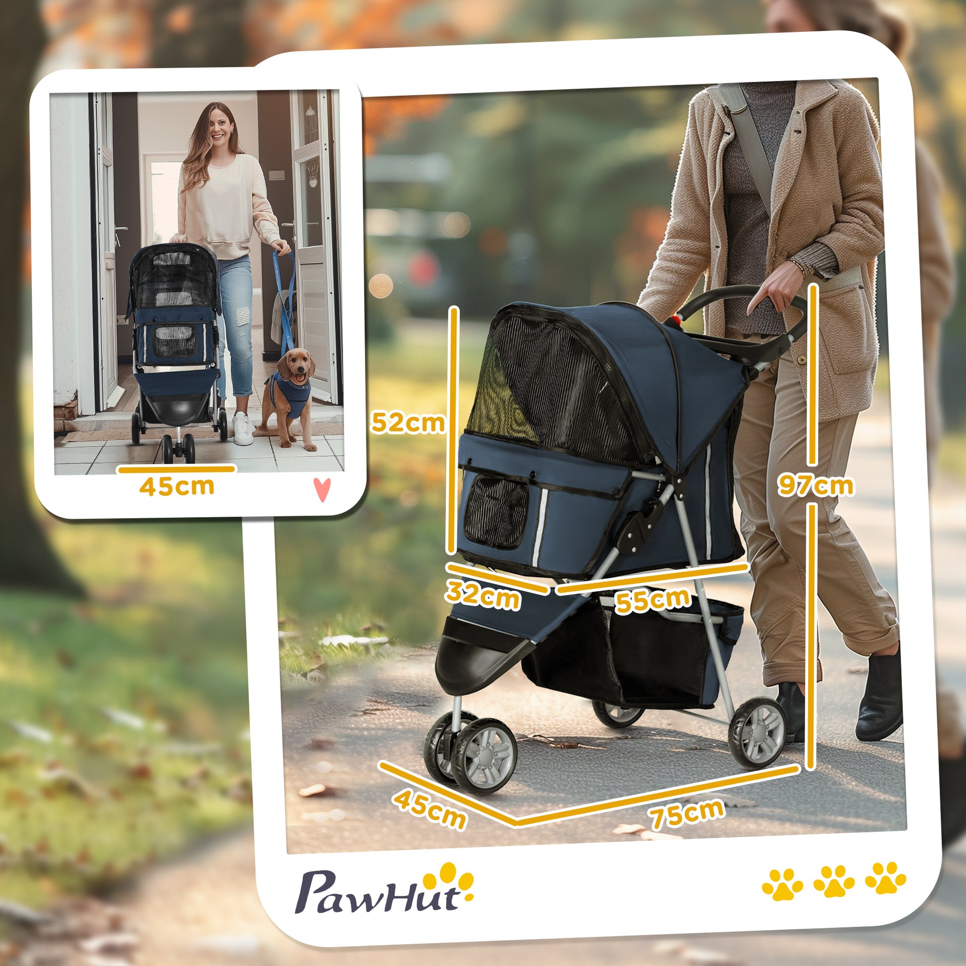 Folding Dog Stroller Pet Stroller with Storage Basket Mesh Windows and 2 Universal Wheels Load 15 kg 75x45x97 cm Navy Blue