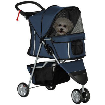 Folding Dog Stroller Pet Stroller with Storage Basket Mesh Windows and 2 Universal Wheels Load 15 kg 75x45x97 cm Navy Blue