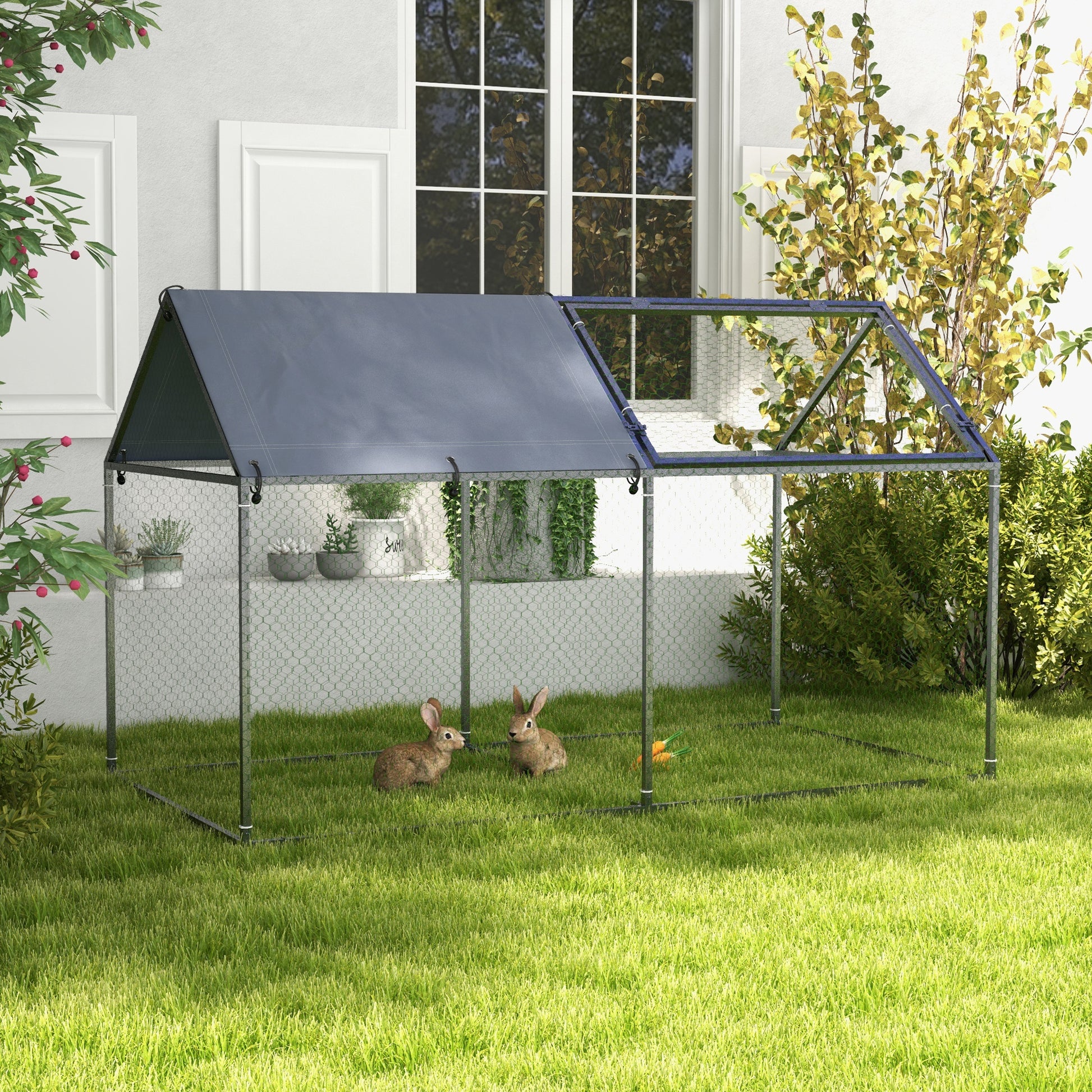 Small Animal Cage Pet Playpen Steel with 1 Top Door and 1 Anti-UV Oxford Fabric Top for Outdoor Garden 198x100x120 cm Silver