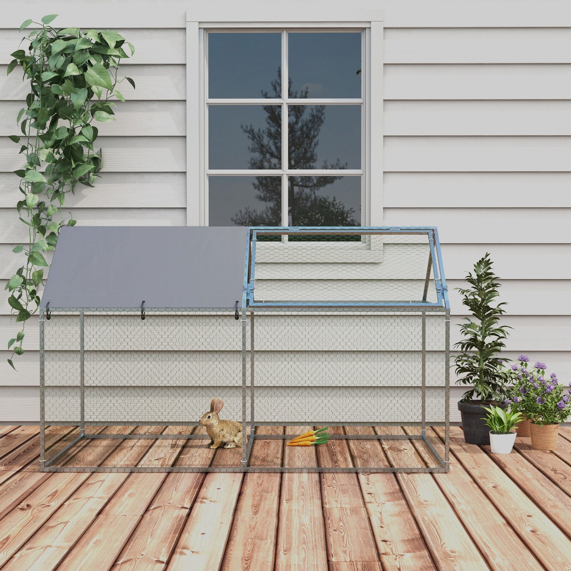 Small Animal Cage Pet Playpen Steel with 1 Top Door and 1 Anti-UV Oxford Fabric Top for Outdoor Garden 198x100x120 cm Silver