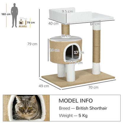 Cat Tree 79 cm Small Cat Tree with Cat Cave, Cat Scratching Post with Lounger, Jute Climbing Tree for Cats up to 8 kg, Cat Furniture, Brown, White, Cashmere Imitation