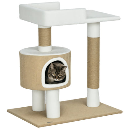 Cat Tree 79 cm Small Cat Tree with Cat Cave, Cat Scratching Post with Lounger, Jute Climbing Tree for Cats up to 8 kg, Cat Furniture, Brown, White, Cashmere Imitation