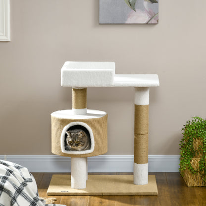 Cat Tree 79 cm Small Cat Tree with Cat Cave, Cat Scratching Post with Lounger, Jute Climbing Tree for Cats up to 8 kg, Cat Furniture, Brown, White, Cashmere Imitation