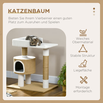 Cat Tree 79 cm Small Cat Tree with Cat Cave, Cat Scratching Post with Lounger, Jute Climbing Tree for Cats up to 8 kg, Cat Furniture, Brown, White, Cashmere Imitation