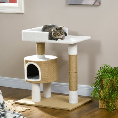 Cat Tree 79 cm Small Cat Tree with Cat Cave, Cat Scratching Post with Lounger, Jute Climbing Tree for Cats up to 8 kg, Cat Furniture, Brown, White, Cashmere Imitation