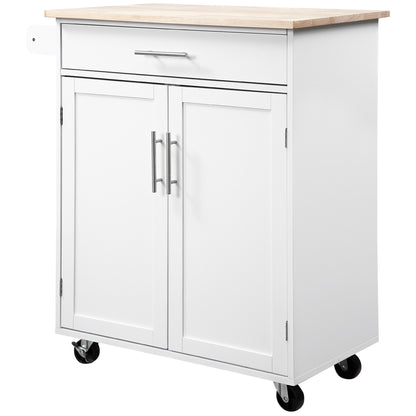 Kitchen Trolley on Wheels Serving Trolley Kitchen Island with Drawer Cupboard and Towel Holder - 83L x 45W x 91.5H cm White
