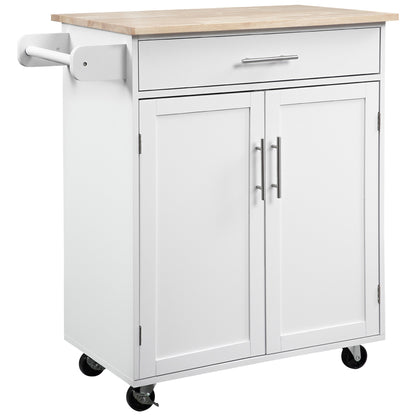Kitchen Trolley on Wheels Serving Trolley Kitchen Island with Drawer Cupboard and Towel Holder - 83L x 45W x 91.5H cm White