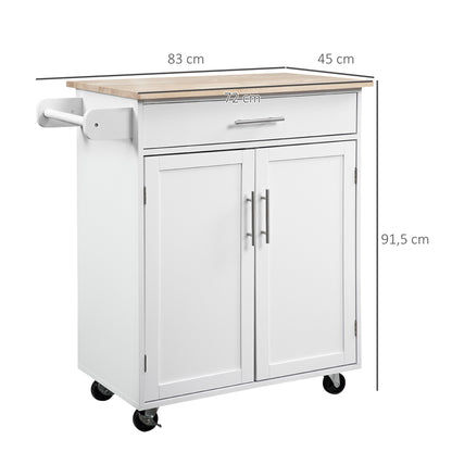 Kitchen Trolley on Wheels Serving Trolley Kitchen Island with Drawer Cupboard and Towel Holder - 83L x 45W x 91.5H cm White