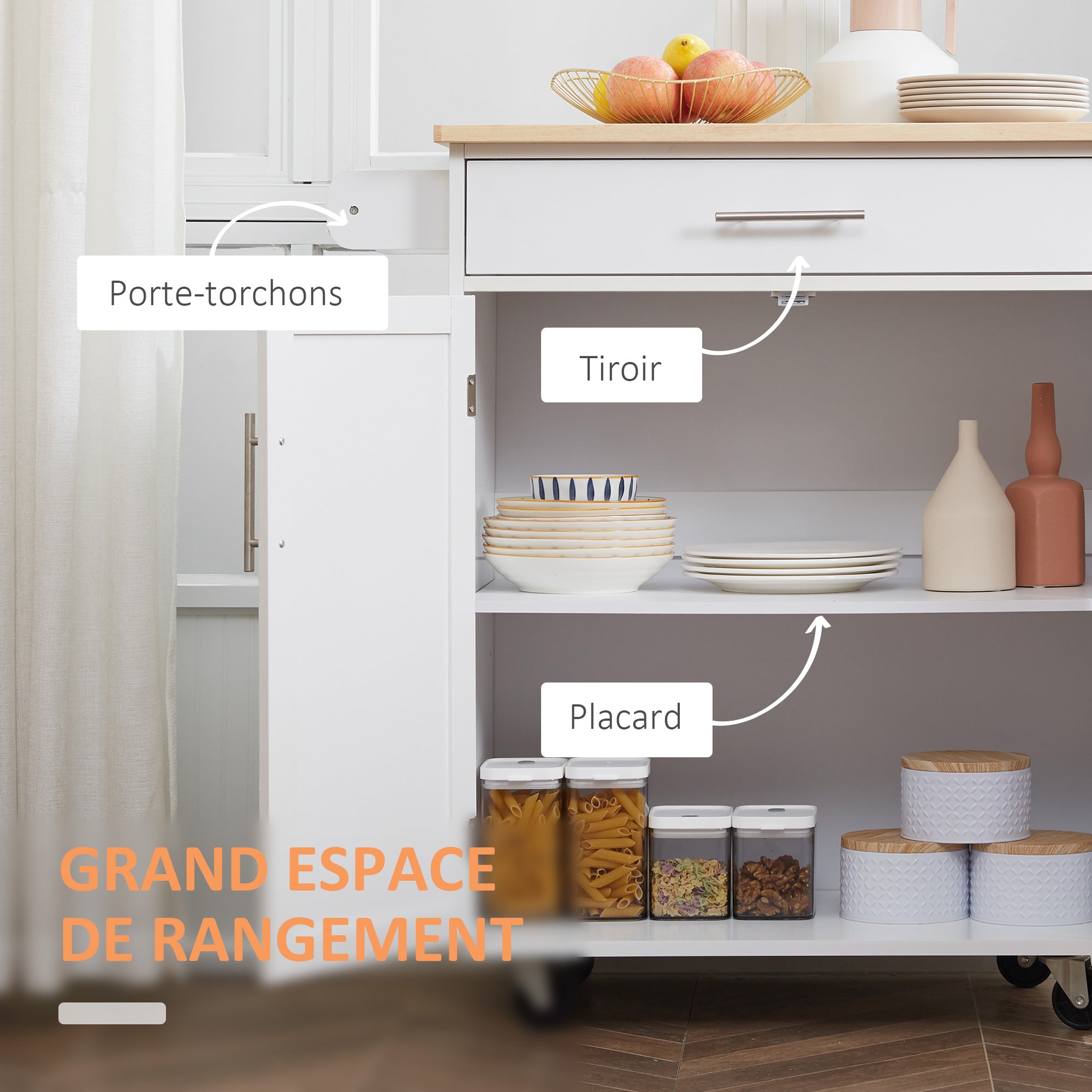 Kitchen Trolley on Wheels Serving Trolley Kitchen Island with Drawer Cupboard and Towel Holder - 83L x 45W x 91.5H cm White