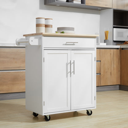 Kitchen Trolley on Wheels Serving Trolley Kitchen Island with Drawer Cupboard and Towel Holder - 83L x 45W x 91.5H cm White