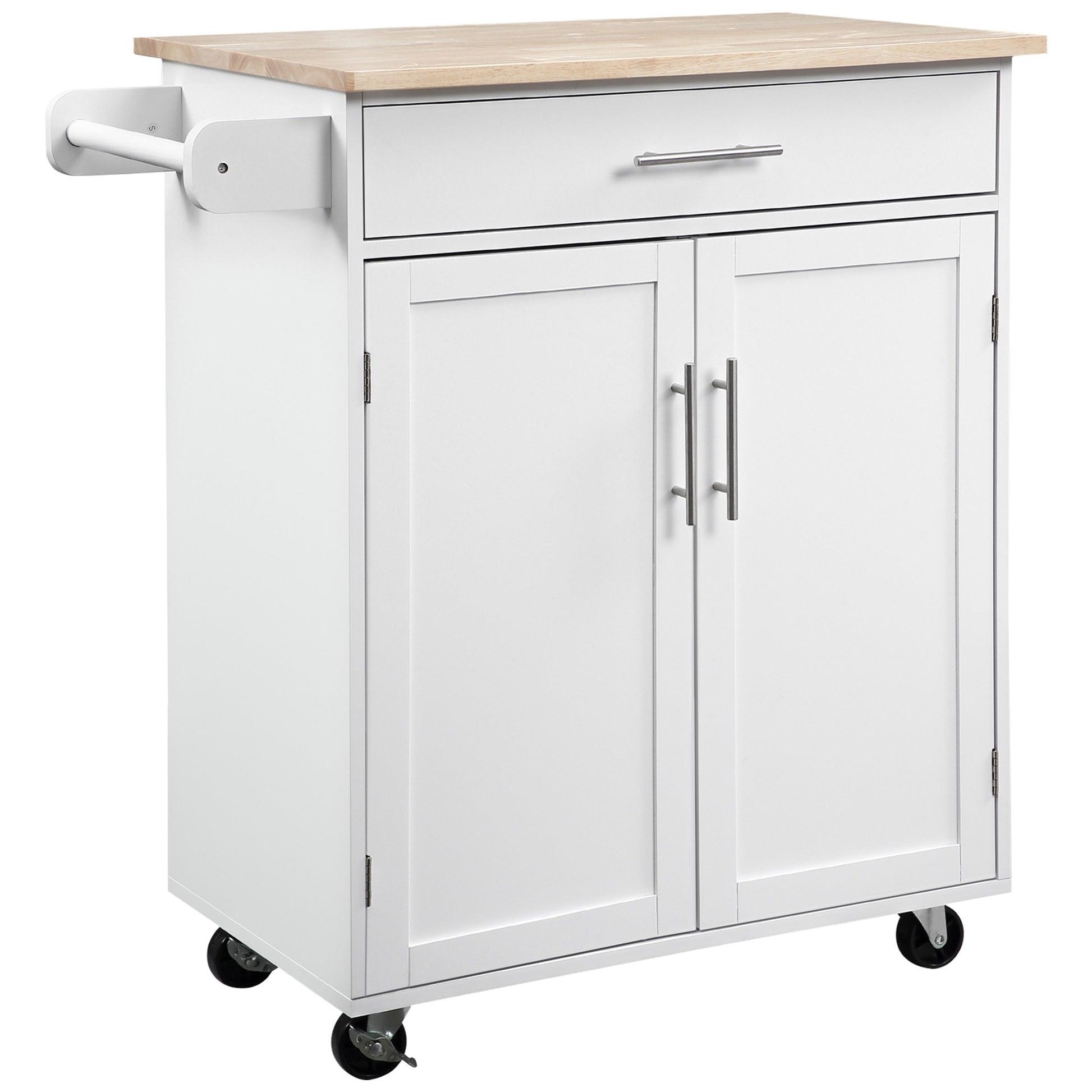 Kitchen Trolley on Wheels Serving Trolley Kitchen Island with Drawer Cupboard and Towel Holder - 83L x 45W x 91.5H cm White