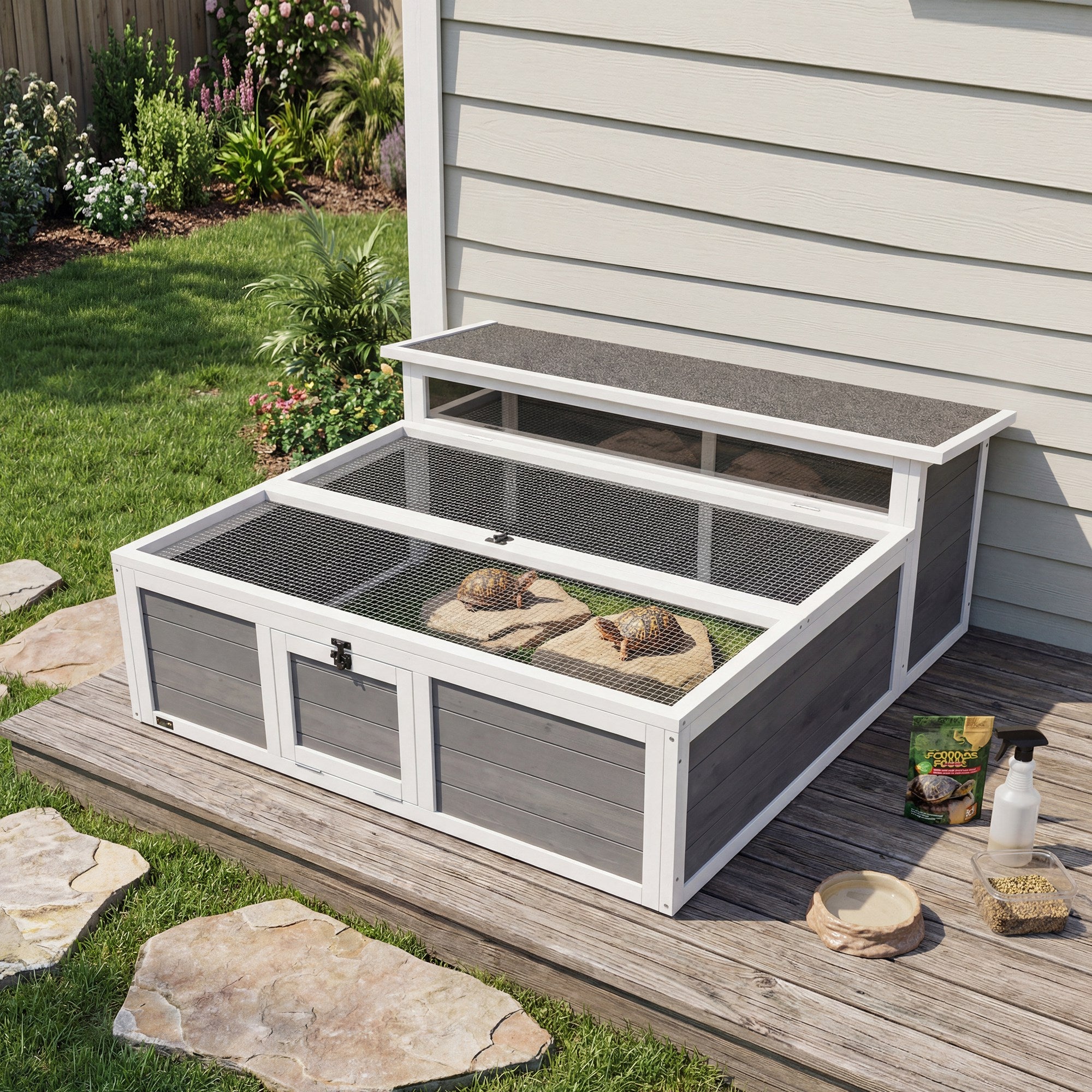 Turtle Habitat with Run — Wooden Enclosure with Clear Window, Top Opening and Multiple Doors, Garden House for Turtle or Rabbit, Dark Gray