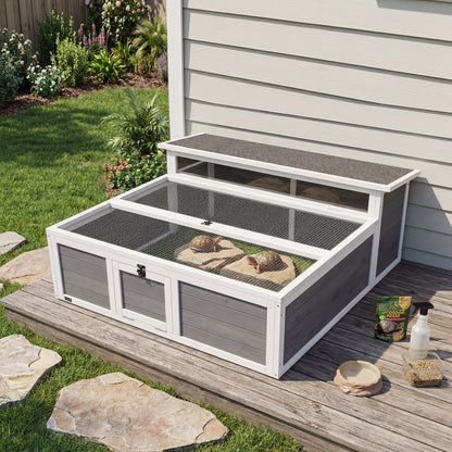 Turtle Habitat with Run — Wooden Enclosure with Clear Window, Top Opening and Multiple Doors, Garden House for Turtle or Rabbit, Dark Gray