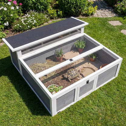 Turtle Habitat with Run — Wooden Enclosure with Clear Window, Top Opening and Multiple Doors, Garden House for Turtle or Rabbit, Dark Gray