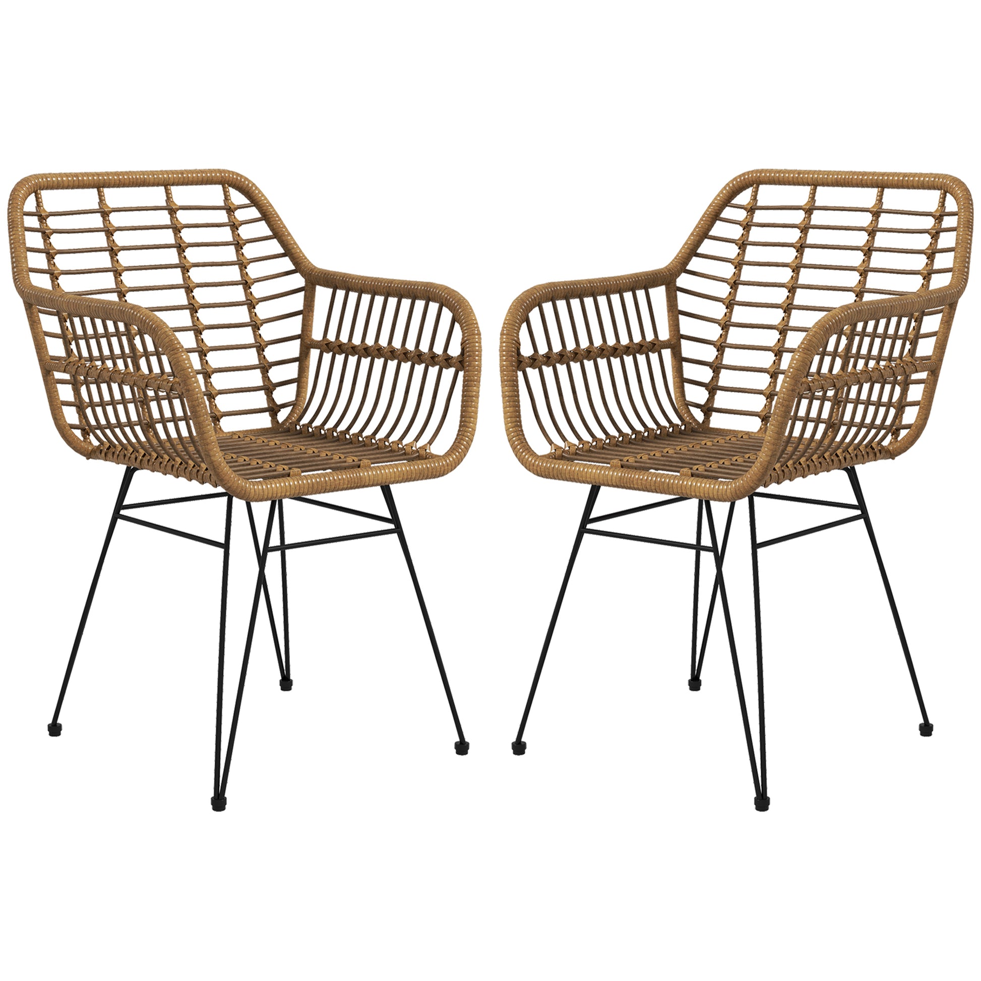 Dining Chairs Set of 2 Kitchen Chair with Backrest, Synthetic Rattan-Look, Chair with Foot Cushion, Living Room Chair, Chairs with Steel Legs for Dining Table, Light Brown+Black